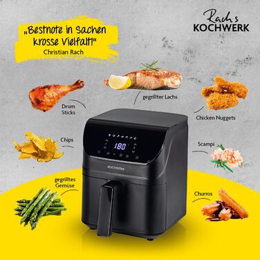 Цифрова аерофритюрниця Rachs KOCHWERK 4 л з сенсорним екраном, 1400 Вт, чорна — безмасляне приготування, гриль, випічка, легке очищення, функція нагадування