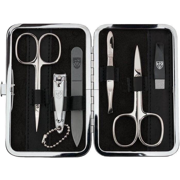 Набір для манікюру DREI SCHWERTER 'Genova' 6 предметів | Німецька якість | Чорний екошкіряний футляр | Манікюрний набір з ножицями, щипцями, пінцетом, скляною та сапфіровою пилочками