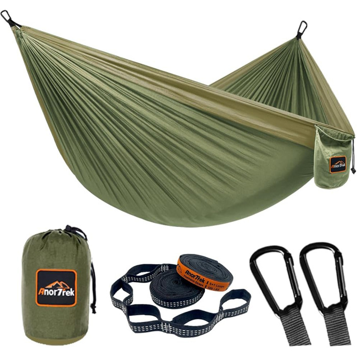 AnorTrek Camping Hammock, super-light portable parachute hammock with two tree straps, single or double nylon tree hammock, Blue & Dark Blue (Army Green & Khaki, 300 x 200 cm)