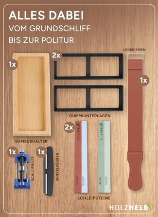 Набір для заточування ножів та інструментів Schleifstein: 400/1000/3000/8000 гріт, шкіра, кутник для заточування