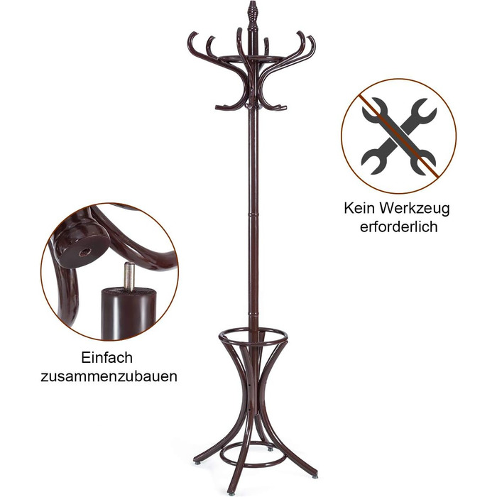 GIANTEX Coat Rack with Umbrella Stand, Clothes Rack Wood with 12 Clothes Hooks, Wooden Coat Tree Freestanding, Standing Coat Rack for Entryway Living Room (White) (Brown)