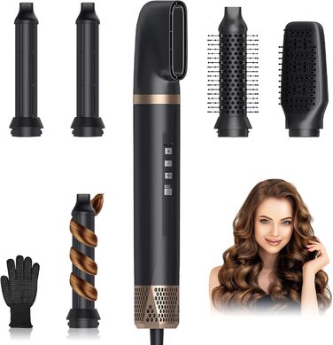 Набір для укладки Journeyside Airstyler: щітка-фен, плойка, випрямляч, 5 насадок, 1000W, чорний та золотий