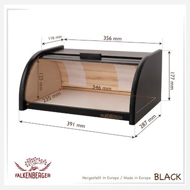 Браке для хліба FALKENBERGER з бука, 38x28x18 см, XL, традиційний, з кришкою-роллом, ручної роботи (чорний)