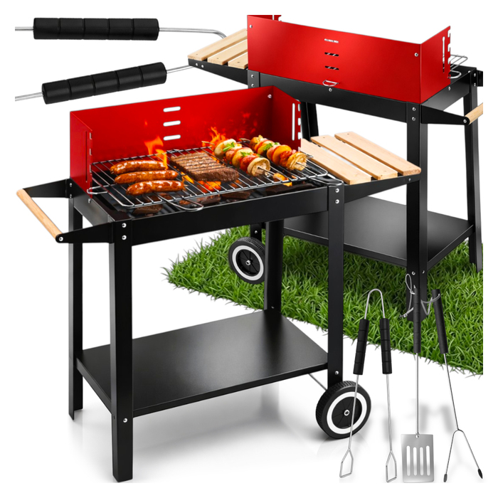 Садовий вугільний гриль BBQ з полицею, термозахисним ручками та колесами + набір аксесуарів