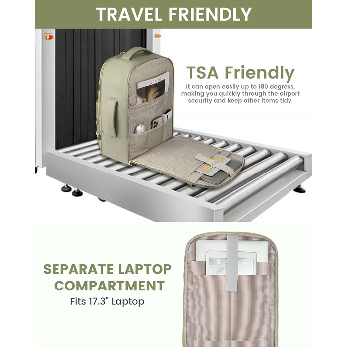 Рюкзак LOVEVOOK 40L для ручної поклажі в літак, водонепроникний, з відділенням для ноутбука 17 дюймів, для подорожей, роботи, хайкінгу, оливково-бежевий