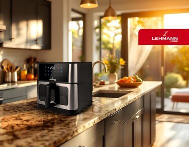 Фритюрниця повітряна LEHMANN з 2 камерами, 2400 Вт, AirFryer XXL з 12 програмами, до 200°C, WiFi, 10л, з вікном, для смаження, випікання, сушіння, грилю