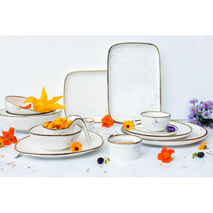 MÄSER Pintar Series, high-quality dining tableware set for 4 people, 16-piece combination service with light glaze, visual brown speckles, and a fine edge in a vintage handmade look, porcelain tableware set brown
