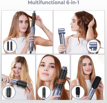 Набір для укладки волосся 6 в 1: фен-щітка, плойка, іонізація, холодний/теплий режим, 110000 обертів/хв, тиха срібна модель