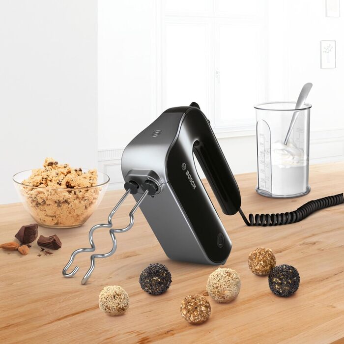 Bosch Hand Mixer Home Professional Styline MFQ4980B, 5 speeds, 2 stainless steel beaters and dough hooks, stainless steel mixing rod, universal chopper, 850 W, black/dark silver Single