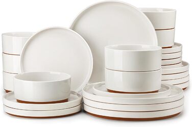 MALACASA Набір посуду з каменю 6 осіб, 18 предметів: тарілки, миски, супи, кераміка, білий з коричневим, посуд для сервірування столу