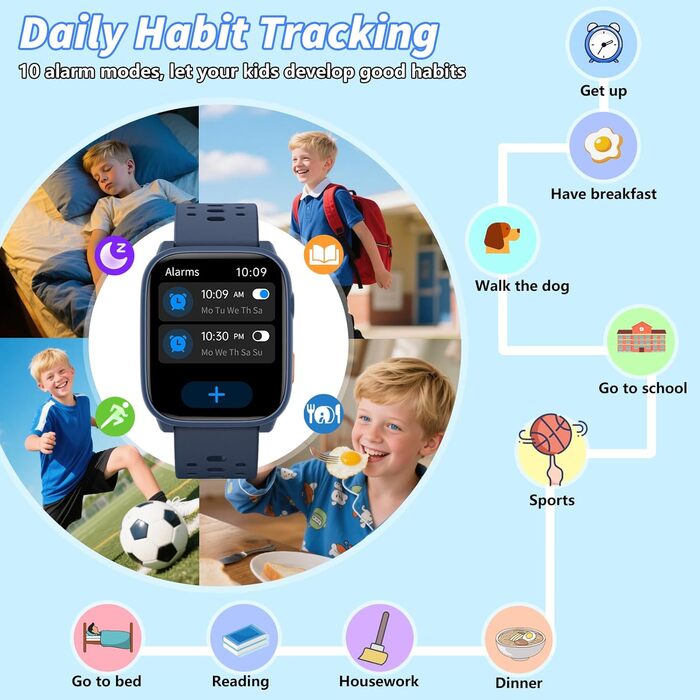 Дитячий розумний годинник Smartwatch Kinder з фітнес-трекером: пульсометр, крокомір, моніторинг сну, водонепроникність IP68, ігри, 1.85' HD-екран для дівчаток та хлопчиків 6-16 (блакитний)