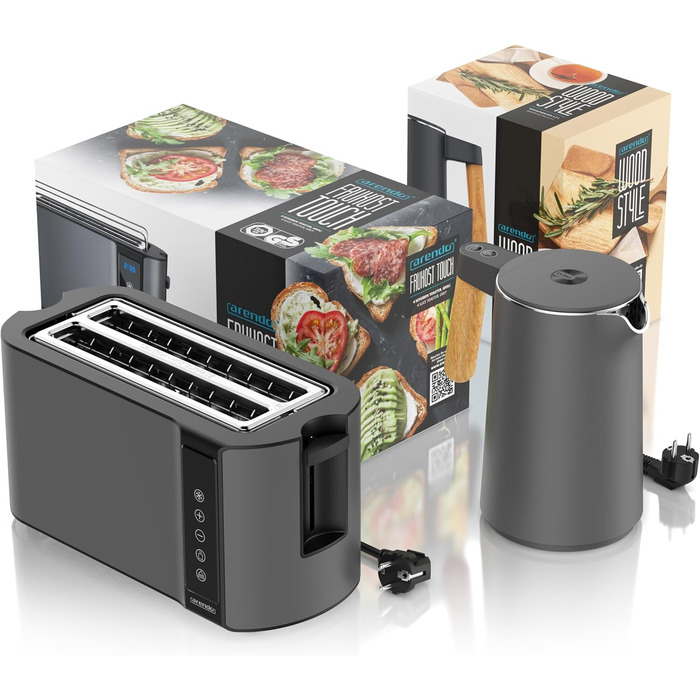 Набір Arendo: чайник з регулюванням температури та тостер з підігрівом – нержавіюча сталь, сірий