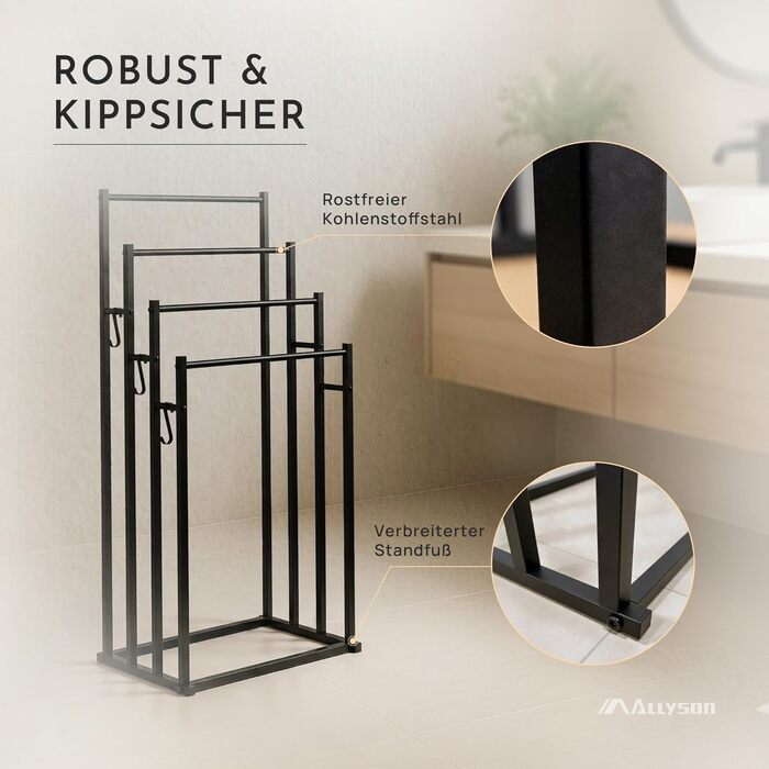Підставка для рушників Allyson® підлогова, з 3 стійками та 4 рівнями, без свердління, чорна