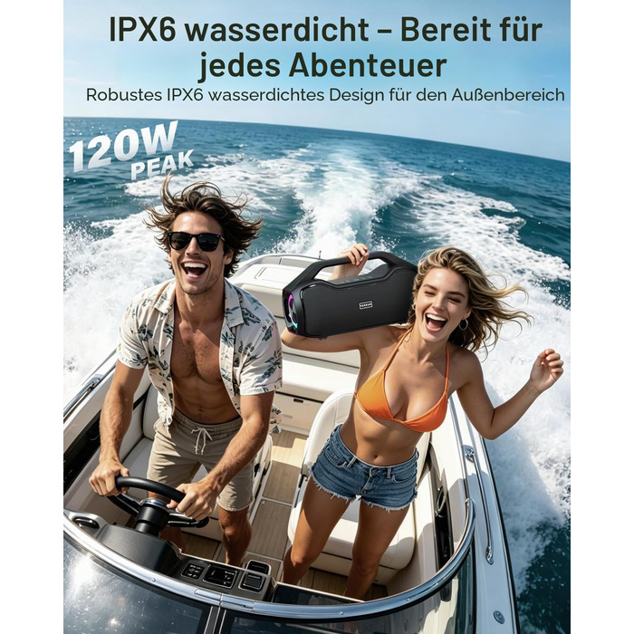 Bluetooth колонка портативна 120W з басами, водонепроникна IP65, підтримка DSP/TWS/AUX/TF/BT5.4, для вечірок та пляжу (Чорна)