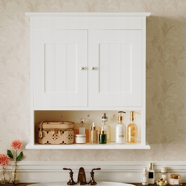 Підвісна шафа у ванну кімнату біла, 2-дверна, скандинавський стиль/лофт, настінна з полицями