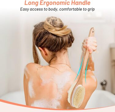Дерев'яна щітка для спини Alyvisun для душу з довгим руків'ям, двостороння, жорсткі та м'які щетинки, для мокрого та сухого пілінгу тіла