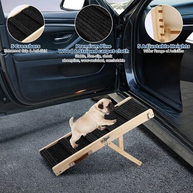 Складана дерев'яна пандус для собак – для ліжка, дивана, авто. Регульована висота 25-52 см, довжина 83 см, ширина 35 см, антиковзка поверхня