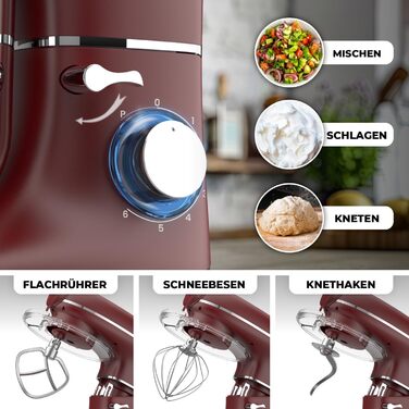 Кухонна машина з машиною для пасти – 2000W, електрична, з нержавіючою чашею 6.2L (червона)