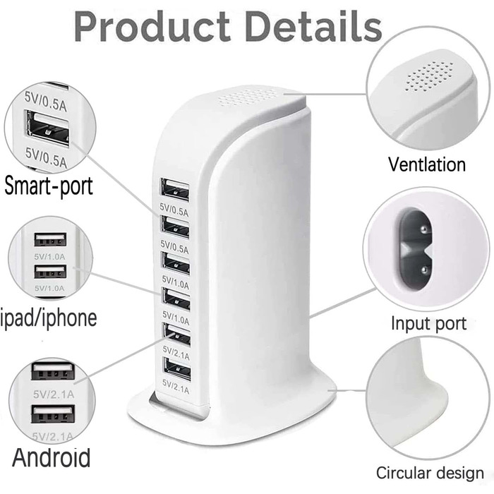 Зарядний пристрій USB-C 455W, 7 портів, GaN PD PPS – для MacBook, Dell, iPhone, Samsung, ноутбуків, планшетів (білий)