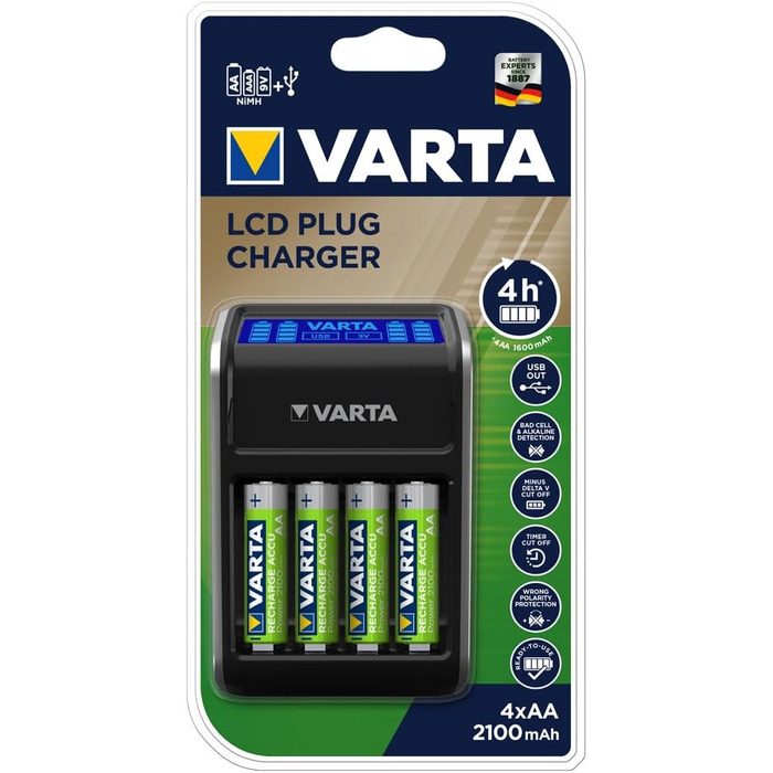Зарядний пристрій VARTA LCD Plug для AA/AAA/9V та USB з 4x AA 2100 mAh (чорний)