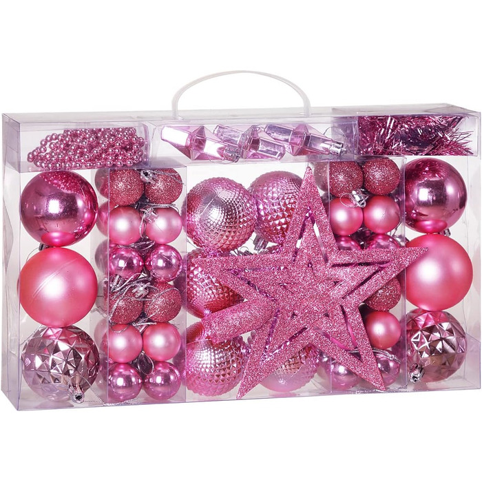 DEUBA® Новорічні кулі 66 шт. Ø 3-6 см, пластик, матові/глянцеві, прикраси для ялинки, новорічний декор (Рожевий)