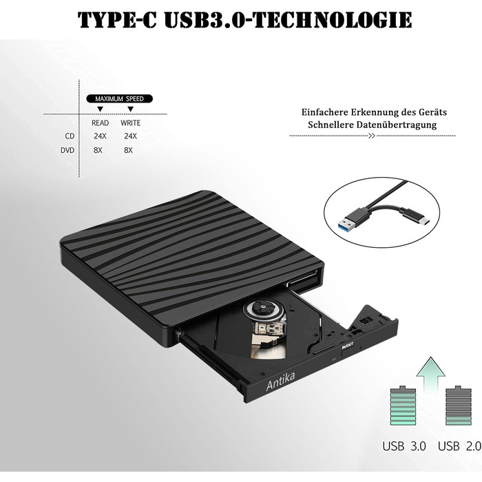 Зовнішній DVD-накопичувач Antika USB 3.0 Type-C, портативний CD/DVD бренер для ноутбука та ПК (Windows, macOS), чорний