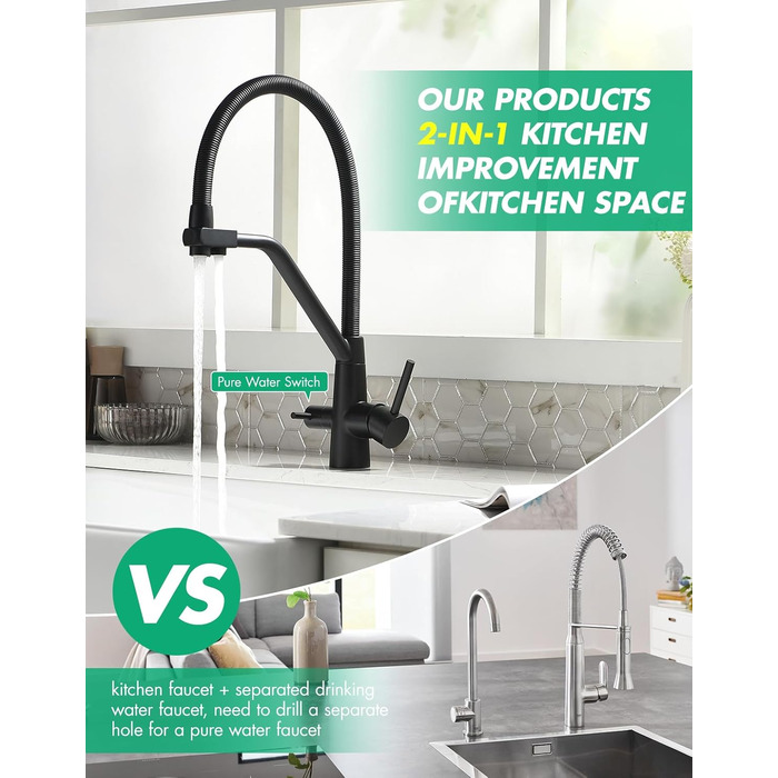 Змішувач кухонний поворотний на 360° з висувним дощувачем, з позолоченим покриттям, для кухні, однорідний, з трьома виходами, чорний