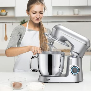 Stand Mixer 1300W Zurio 5.5L Stand Mixer/Kneader 10-Speed Robot Kneader with Quiet Dough Function, with Accessories Dough Hook, Whisk, Kneader Silver