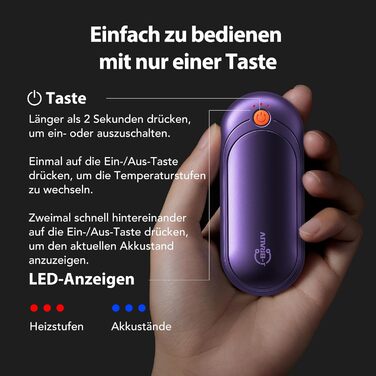 Електричні грілки для рук 2 шт. з акумулятором 2000mAh, зарядний пристрій 10000mAh, 5 режимів нагріву, USB, до 24 годин, для дітей, чоловіків, жінок, фіолетовий, компактний