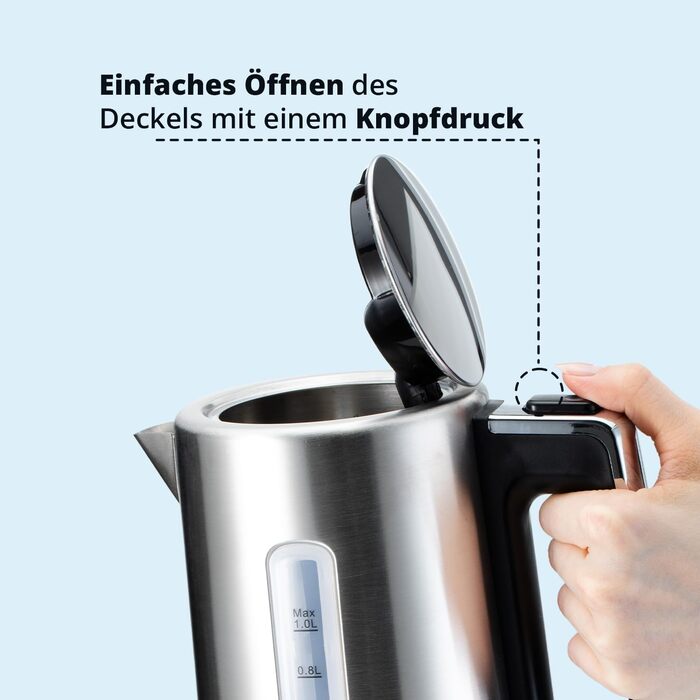 Набір для сніданку KHG: чайник та тостер з нержавіючої сталі, сріблястого кольору, об'єм 1 л та 2 тости, точний вилив, поворотний на 360°, 6 рівнів підсмажування, функції підігріву, розморожування та для багелів, піддон для крихт (комплект з кавоваркою)