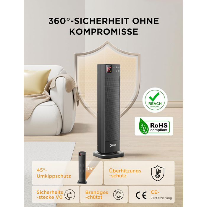 Електричний обігрівач Midea Ceramic 2000W з термостатом, 3 режими, таймер 24г, захист від перегріву та перекидання, миттєве тепло для офісу та спальні (сірий, 58см)