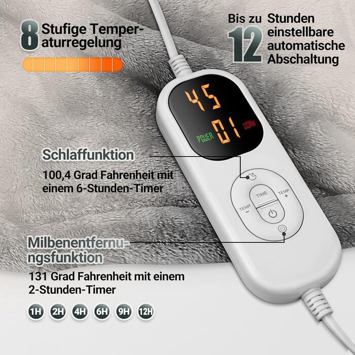 Електрична ковдра Charmofun з автовимкненням, 130x180 см, 8 режимів нагріву, таймер 12 годин, пральна машина, флісова тепла ковдра для ліжка, дивана, офісу (темно-сірий)