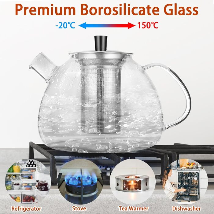Скляна чайник HEMOLY 1,5 л з ситечком та підставкою для чаю, чайник зі скла, чайник для чаю
