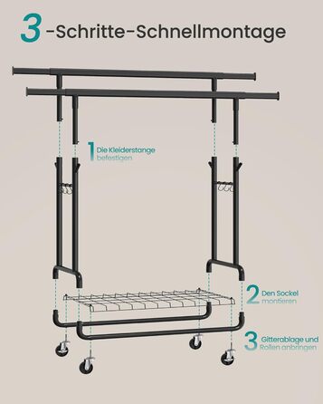 SONGMICS Стійка для одягу на коліщатках, важка, з 2 висувними штангами, регульована висота, з полицею та гачками, чорний HSR015B01