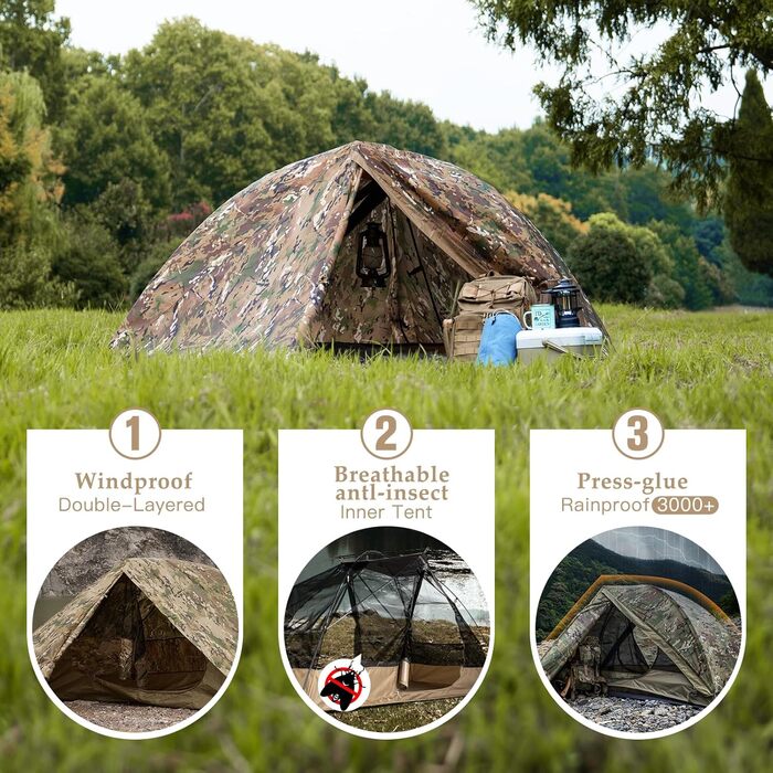 FREE SOLDIER Camping Tent Outdoor Ultralight One-Person Tent in Camouflage, Outdoor Camping, 1 Person Tent Adventure Tent Easy to Set Up and Carry Mosquito Protection, Waterproof