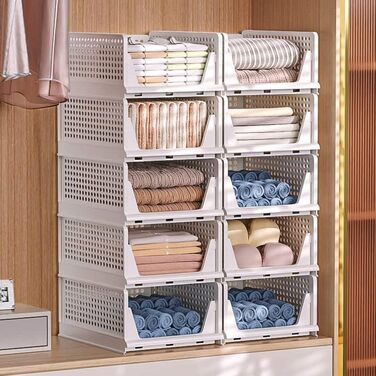 5 Foldable Plastic Storage Boxes, Drawer Box, Stackable Closet Organizer, Shelf Storage Box, Shelf Baskets Closet, Stackable Drawer Storage Boxes, for Kitchen Bedroom, White (8 Pieces L)