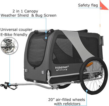DOGGYHUT® Преміум XL 2в1 велопричіп та візок для собак 23-45 кг, сірої