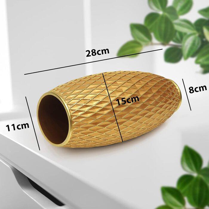 Декоративна ваза для квітів, блакитно-золота, з діамантовим візерунком, 28 x 15 см