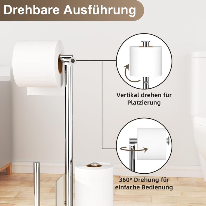 Stainless Steel Toilet Paper Holder Stand with WC Brush - Free Standing Toilet Brush and Toilet Paper Roll Holder with Glass Shelf (Silver)