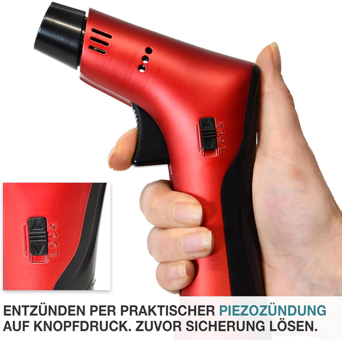 Набір газового пальника TOM Flambierbrenner Jetflame (Червоний) з балоном бутану, професійний кулінарний пальник з замком безпеки для кухні, кемпінгу та майстерні