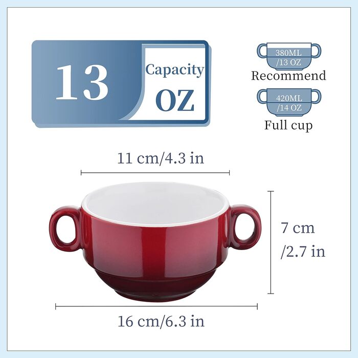 Набір тарілок для супу LOVECASA 420мл (6 шт) з ручками, керамічні, кольорові
