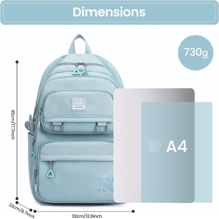 Шкільний рюкзак для дівчаток-підлітків: стильний та водонепроникний, 3-9 клас, для школи та подорожей, блакитний (8529)
