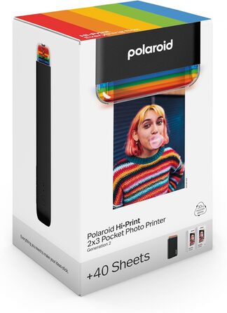 Polaroid Hi-Print 2-ге покоління: Bluetooth фотодрук, кишеньковий принтер 2x3, чорний (з фільм-пакетом)