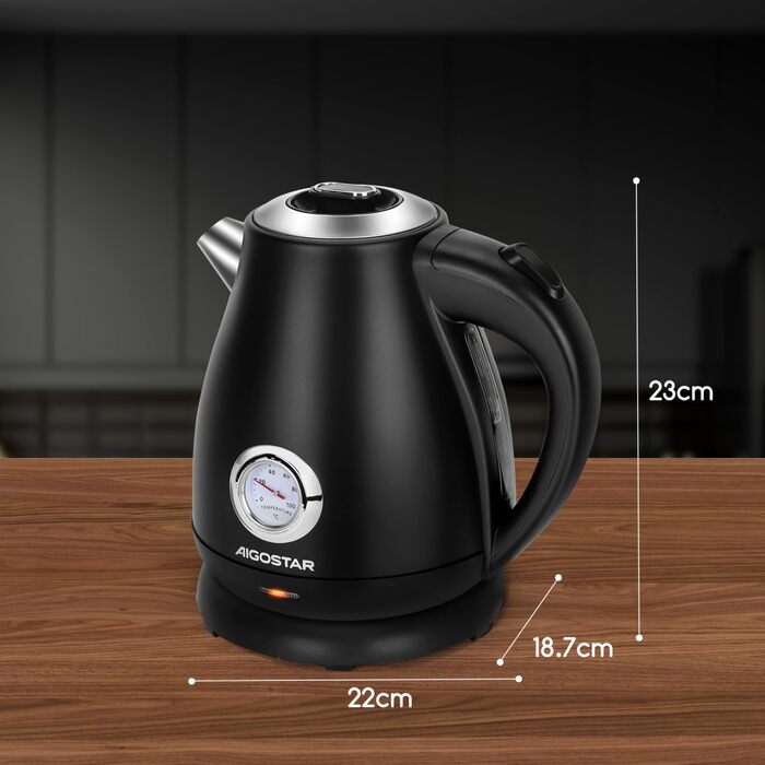 Електричний чайник Aigostar Adrian Retro з нержавіючої сталі, 1.7л, 2200W, аналоговий термометр, LED-підсвічування, автоматичне відключення, чорний