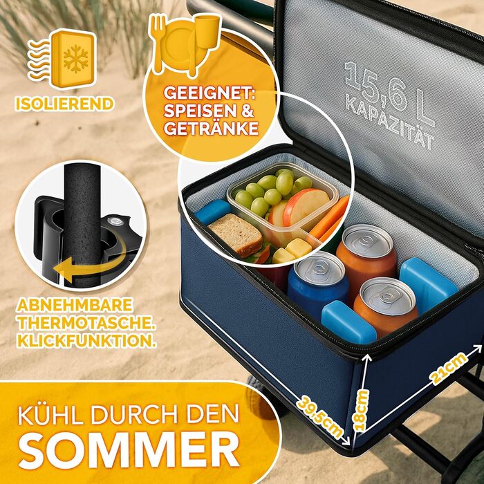 TRESKO® Розкладний візок-валіза з дахом, кишенькою-холодильником та боковими шторами | Валіза-візок, вантажопідйомність до 150 кг | Візок для перевезення з повного гумового покриття та гальмами (передні та задні) та 3-точкова стрічка (Зелений) (Синій)