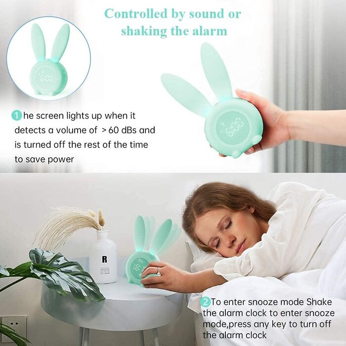 Gentle Light Alarm Clock Bunny Clock Children's Alarm Clock Rabbit Alarm Clock Wake Up Light Creative Lamp Bedside Lamp Night Light, Snooze Function, 6 Sound Options, Timed Night Light Green