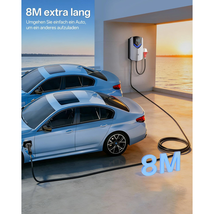 Wallbox 11 кВт з APP та RFID – Зарядний пристрій для електромобілів Typ 2 400V, 6-16A, кабель 8м з тримачем, RCD Typ B, IP54, програмування часу – для BEV/PHEV