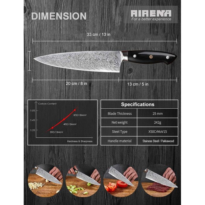 Ніж Santoku AIRENA 7 дюймів - Японський стиль, високоякісна сталь X50CrMov15, повний хвостовик, ергономічна ручка, преміум якість, подарункова коробка