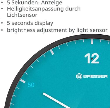 Bresser MyTime Radio-Controlled Wall Clock without Ticking Sounds, 24 cm Dial, LED Second Display, Indoor Temperature, and Silent Radio Movement, (Sky Blue)