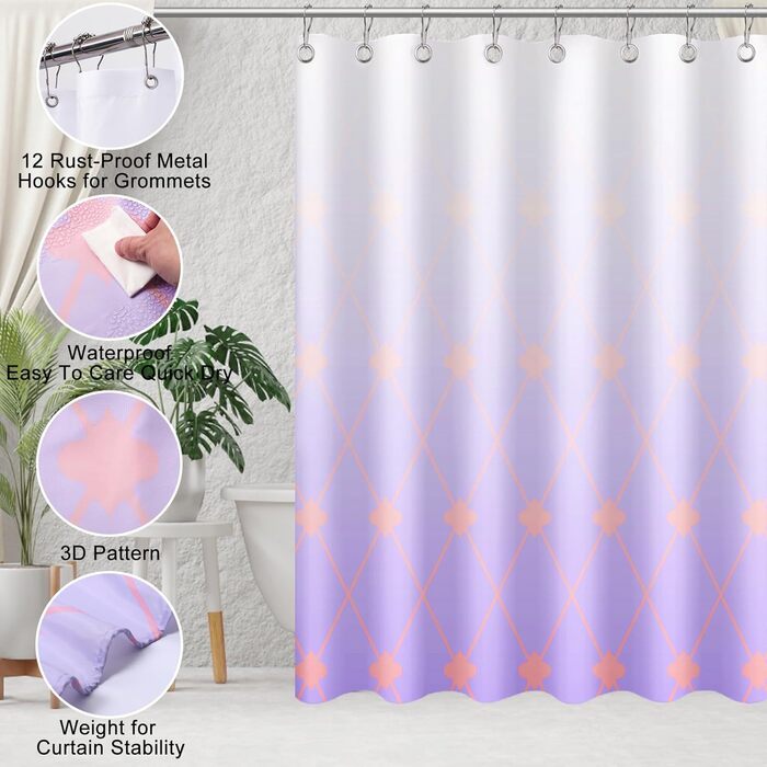 9-Piece Bathroom Accessories Set – Trash Can, Soap Dispenser Set, Soap Dish, Toilet Brush with Holder, Toothbrush Holder, Cup, Tray, Cotton Swab Holder, (Violet Bathroom Set + Shower Curtain + Rugs)